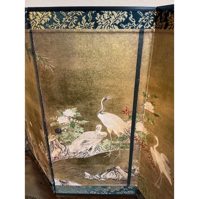 Vintage Asian-Inspired Four-Panel Tabletop Folding Screen With Cranes & Bamboo Designs. For Sale - Image 10 of 12