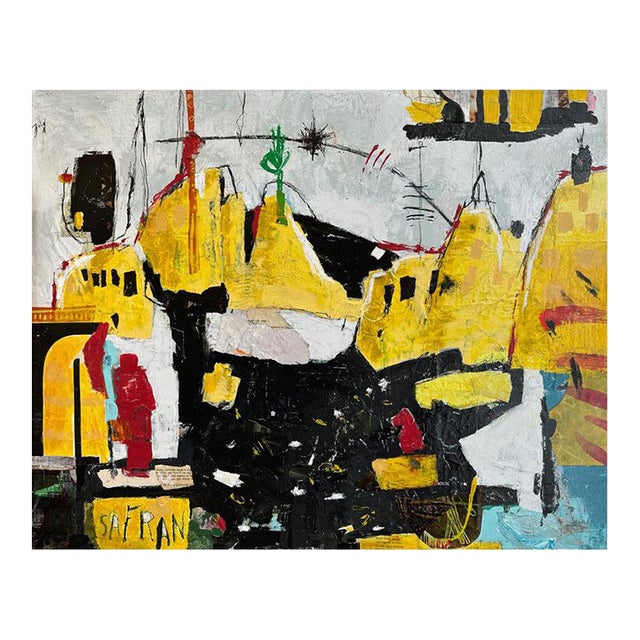 Christiane Corcelle "Safran" Mixed Media on Canvas, Abstract Landscape in Saffron Yellow and Black, 2024 For Sale
