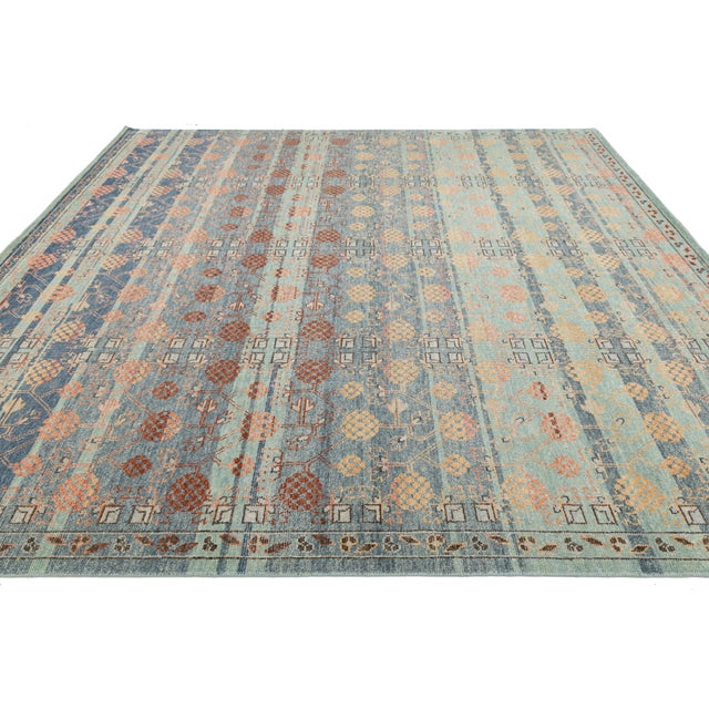 Modern Modern Khotan Style Hand-Knotted Wool Area Rug Teal, Rust & Ochre Vintage Motif For Sale - Image 3 of 9