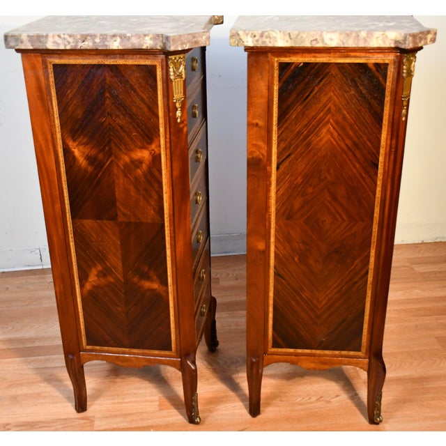 1900s Pair Antique French Louis XV Walnut & Satinwood Marble Top Lingerie Stands For Sale - Image 10 of 12