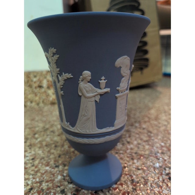 Wedgwood Vintage Wedgewood Pottery Stoneware Blue Jasperware Footed Vase For Sale - Image 4 of 7