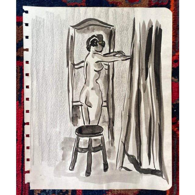 1950s MCM watercolor with charcoal painting of a female nude by artist Virginia Spencer. Unsigned, from a sketchbook of...