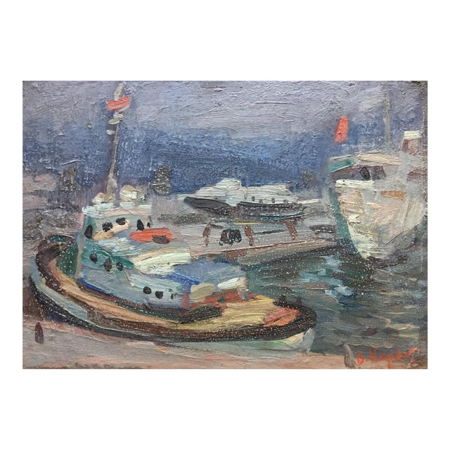 1960s Oil Painting Ship Port v. Karpin For Sale