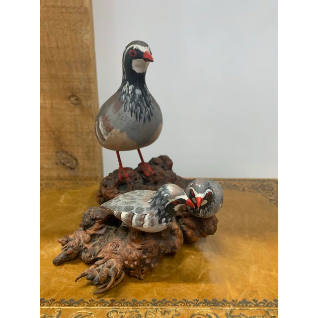 Vintage Carved Shorebird with Pair of Chicks on Burl Wood Base