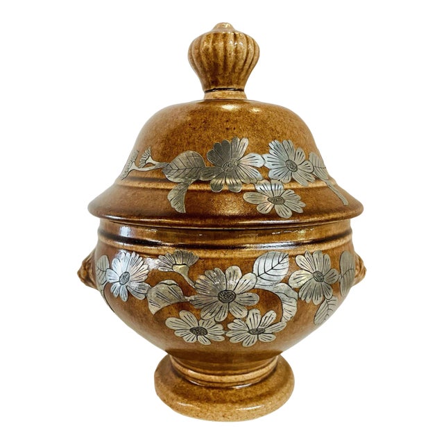 Mid Century Pottery Urn With Metal Accents For Sale