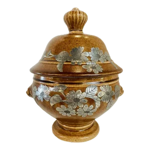 Mid Century Pottery Urn With Metal Accents