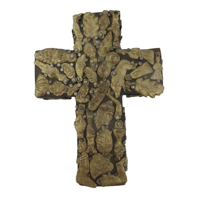 Mexican Folk Art Milagros Hand Carved Wood Cross Nailed Charms Wall Hanging For Sale