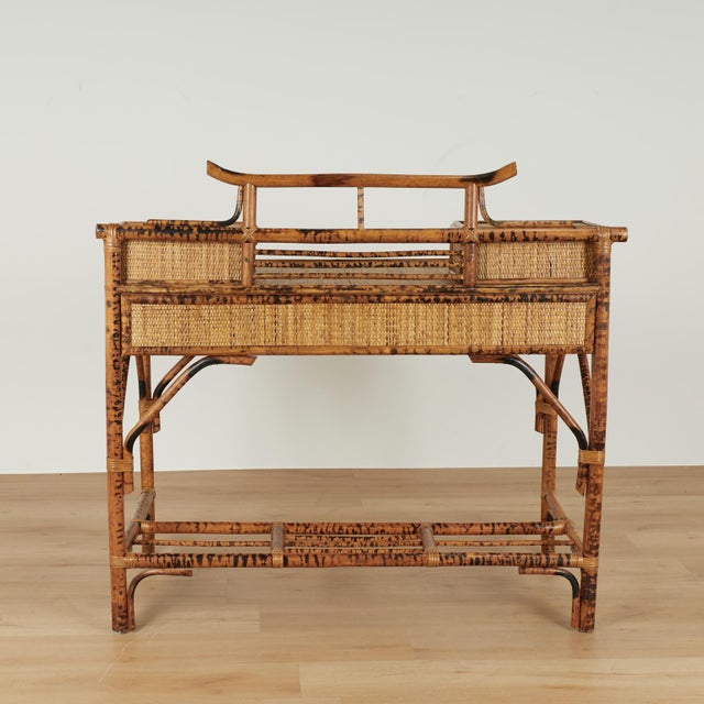 Vintage British Colonial Style Faux Burnt Bamboo and Grasscloth Pagoda Desk For Sale - Image 15 of 16