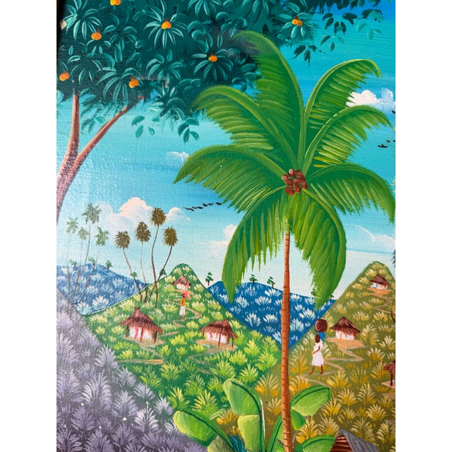 Vintage Michelet Haitian Folk Art Tropical Village Scene Landscape Oil Painting – Framed For Sale - Image 10 of 16