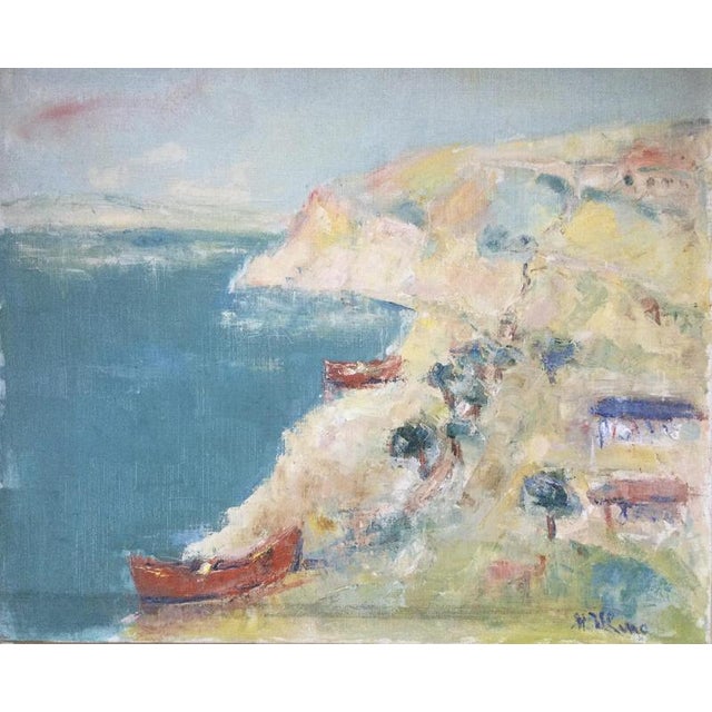 Matilda Ulmu, Cliffs with red boats, 1980, Oil on Canvas For Sale - Image 4 of 6