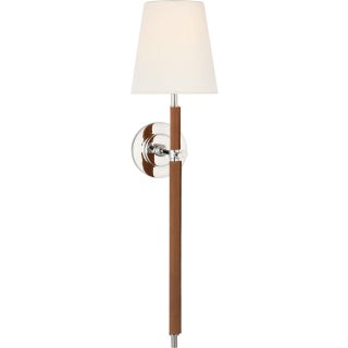 Thomas O'Brien for Visual Comfort Signature Bryant Large Wrapped Tail Sconce in Polished Nickel and Natural Leather with Linen Shade For Sale