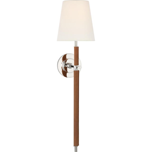 Thomas O'Brien for Visual Comfort Signature Bryant Large Wrapped Tail Sconce in Polished Nickel and Natural Leather with Linen Shade For Sale