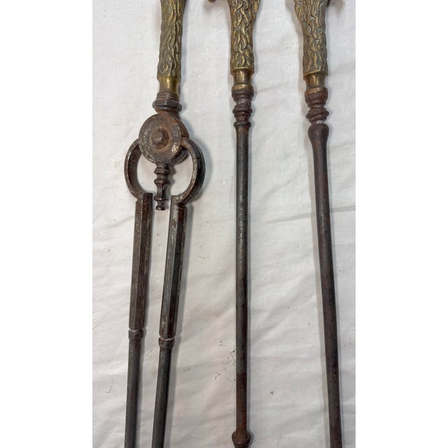 Set of 3 Antique 1800s Brass Steel Figural Dragon Fireplace Tools Poker Tong For Sale - Image 11 of 15