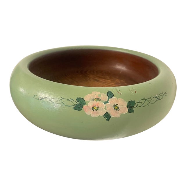 Vintage Folk Art Floral Hand-Painted Solid Wood Bowl, Celadon, Blush Pink, Brown For Sale