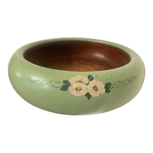 Vintage Folk Art Floral Hand-Painted Solid Wood Bowl, Celadon, Blush Pink, Brown