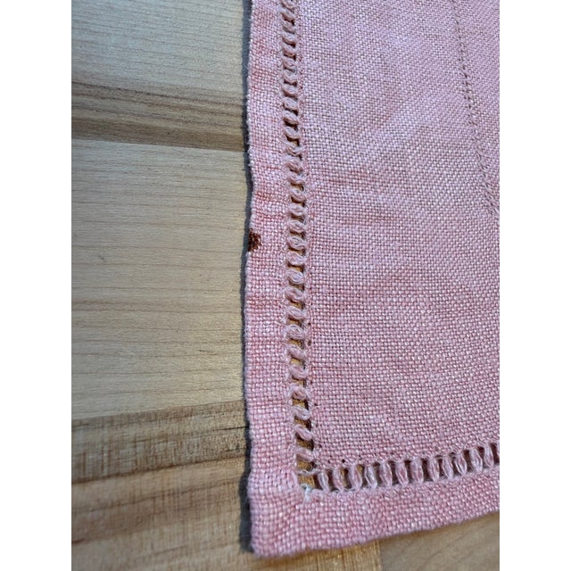 Pink Mid 20th Century Pink Linen Hemstitched Placemats/Napkins - Set of 16 For Sale - Image 8 of 12