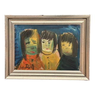 Louis Zelig, Three Little Children, 1960s, Oil Painting on Panel, Framed For Sale