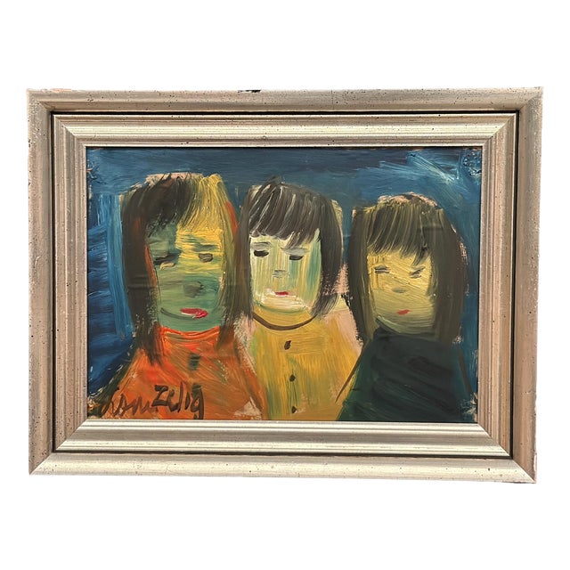 Louis Zelig, Three Little Children, 1960s, Oil Painting on Panel, Framed For Sale