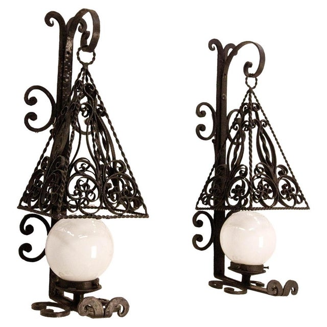 French Sconces in Wrought Iron and Opalin Glass, 1960, Set of 2 For Sale - Image 18 of 18