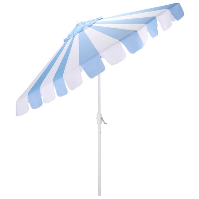 Baby Blue Meze 9 Ft Crank Umbrella, Baby Blue Cabana Stripe/White Pole For Sale - Image 8 of 9
