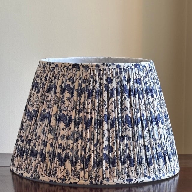 Vintage Blue and White Jacobean Style Floral Pleated Lampshade For Sale In Baltimore - Image 6 of 17