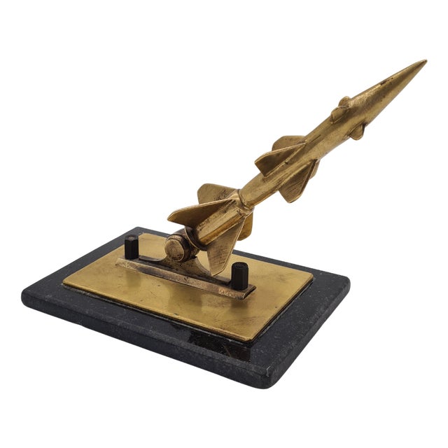 Space Age Rocket Figurine in Bronze Gold on Black Marble, 1970s For Sale