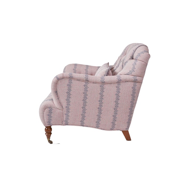 Tufted English style armchair upholstered in Ferrick Mason Anne Rose, a subtle woven pattern produced in LA. Muted rose...