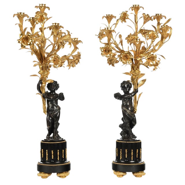 Large 19th Century Patinated and Gilt Bronze Candleholders, Set of 2 For Sale