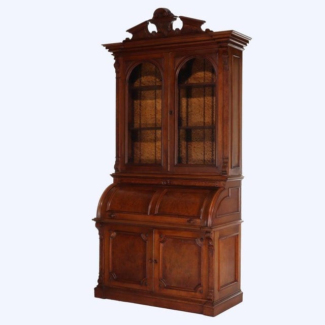 Wood Renaissance Revival Carved Walnut & Burl Barrel Roll Top Secretary C1890 For Sale - Image 7 of 18