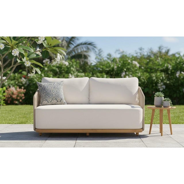 Alpine Teak Wood Outdoor Loveseat With Gray Rope Design For Sale - Image 11 of 15