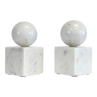Vintage Alabaster Block Orb Bookends, a Pair For Sale