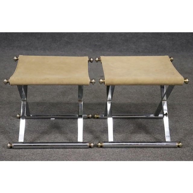 Maison Jansen Steel and Brass Leather Upholstered X Form Jansen Style Stool For Sale - Image 4 of 10