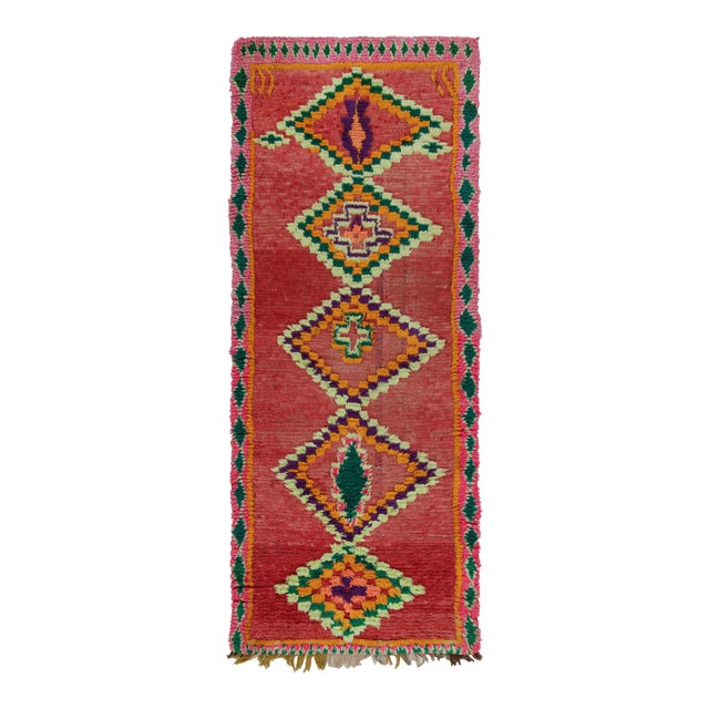 Vintage Moroccan Runner Rug in Red With Diamond Medallions, From Rug & Kilim For Sale