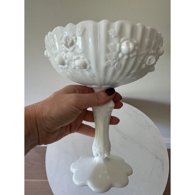 Vintage Milk Glass Pedestal Compote With Embossed Rose and Fruit Relief, C. 1950s–60s For Sale In New York - Image 6 of 7