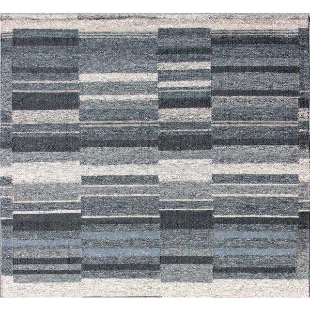 Keivan Woven Arts- Modern Scandinavian flat-weave rug with paneled design in gray, dark gray blue, blue gray , steel blue...