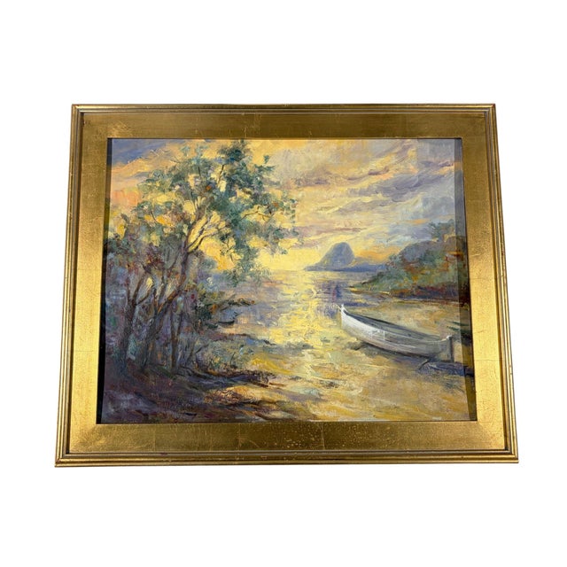 A charming vintage acrylic landscape painting on canvas, featuring a serene composition of a boat, trees, and rolling...