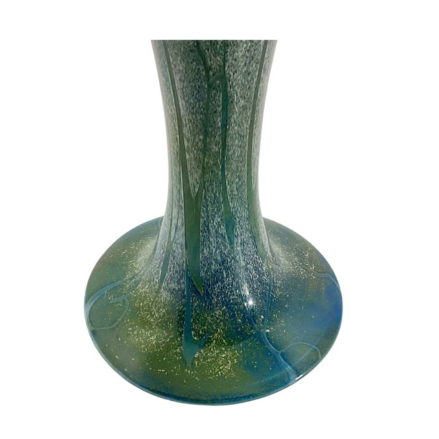 Yellow Green, Yellow, & Blue Hand-Blown Marbled Glass Vase - Signed by Artist (1999) For Sale - Image 8 of 10