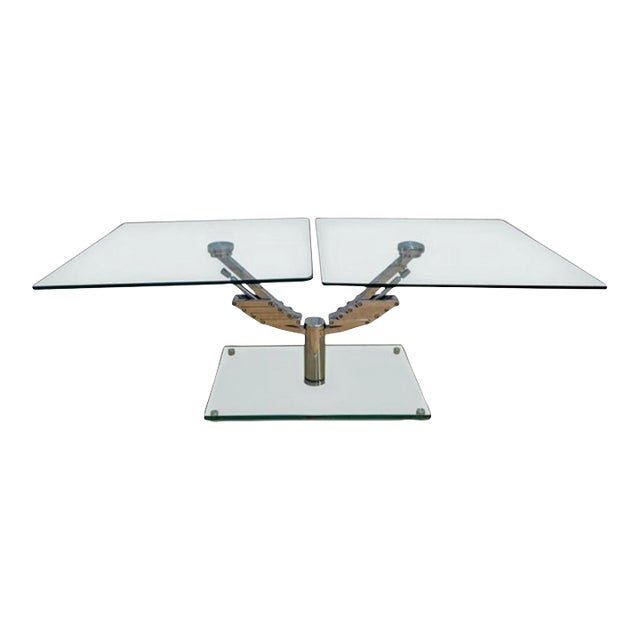 Experience Motion in Design With This Vintage Italian Mechanical Mod Glass Top Extending 2 Arm Cocktail Table For Sale