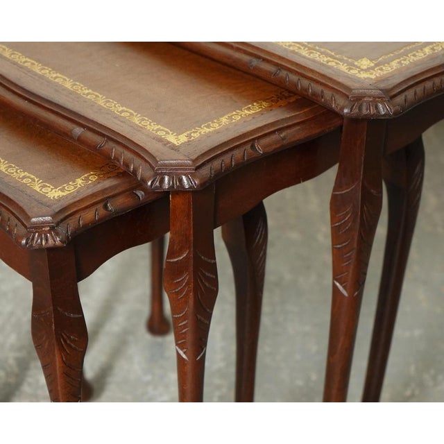 Brown Vintage Nest of Tables with Queen Anne Legs and Brown Embossed Leather Top For Sale - Image 8 of 13