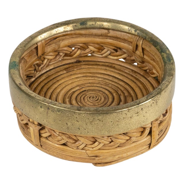 Mid-Century Modern Round Bowl in Bamboo with Rattan and Brass, 1970s For Sale