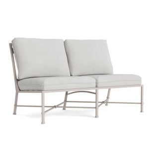Brown Jordan Venetian Armless Loveseat, Dove frame with Fusion Dove fabric For Sale