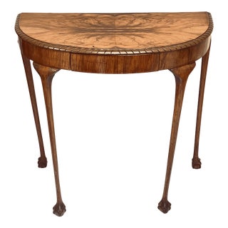 Early 20th Century Antique English Burlwood Demilune Console Table For Sale