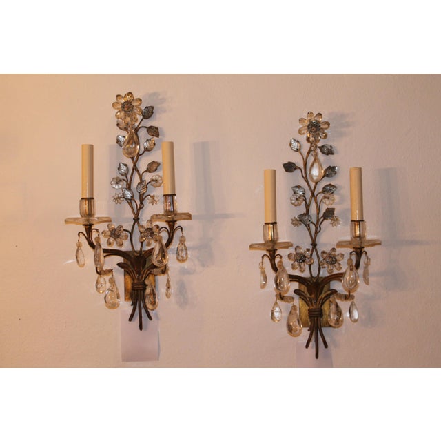 Exceptional Maison Bagues France Rock Crystal Floral Two-Light Wall Sconces a - Pair For Sale - Image 11 of 11