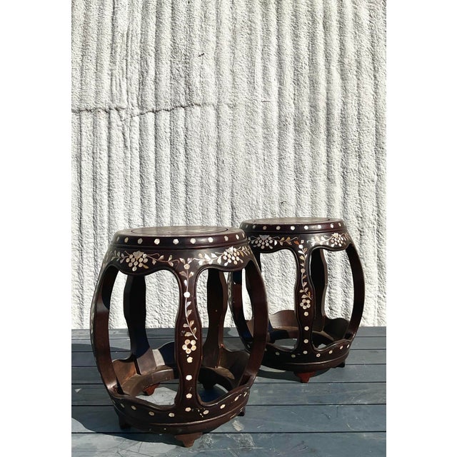 Traditional Vintage Asian Hardwood Inlay Low Stools - a Pair For Sale - Image 3 of 10