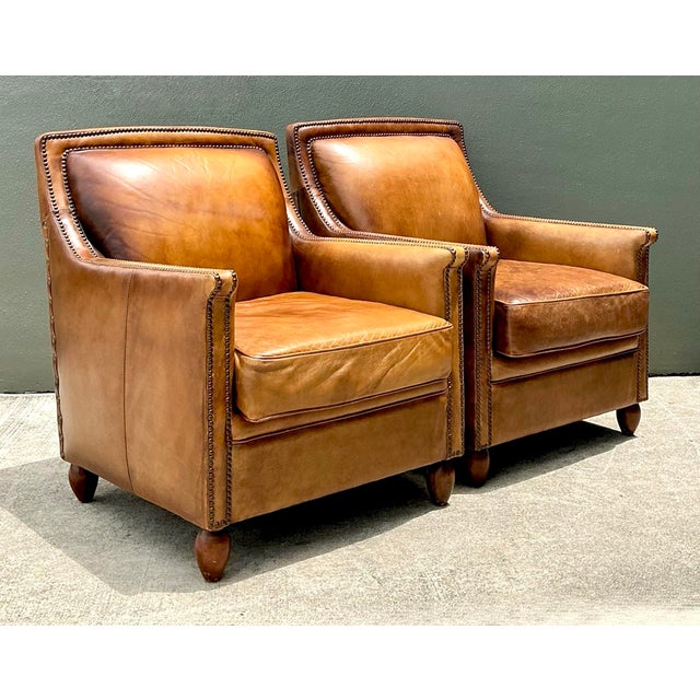 Vintage Nailhead Trim Leather Armchairs - Pair For Sale - Image 11 of 12