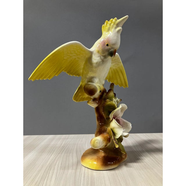 Mid-Century Modern 1940s California Pottery Ceramic Tropical Cockatoo on Hibiscus Branch Statue For Sale - Image 3 of 13