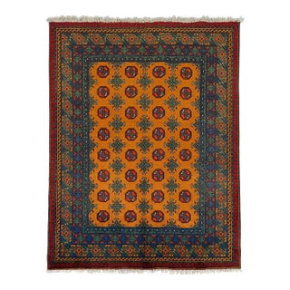 Golden Ochre Mori Gul Tribal Area Rug With Geometric Borders, 4'10" X 6'8" For Sale