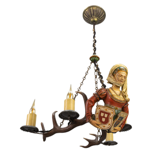Antique Carved Wooden Four-Light Chandelier, 1890s