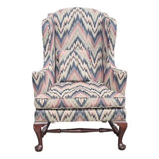 Mahogany Williamsburg Queen Anne Style Wing Back Chair New Flame Stitch Fabric For Sale
