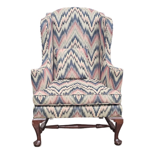 Mahogany Williamsburg Queen Anne Style Wing Back Chair New Flame Stitch Fabric For Sale